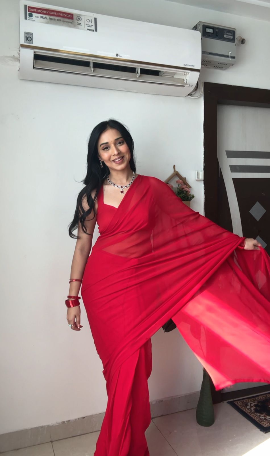 Mesmerizing Georgette Ready To Wear Red Color Saree