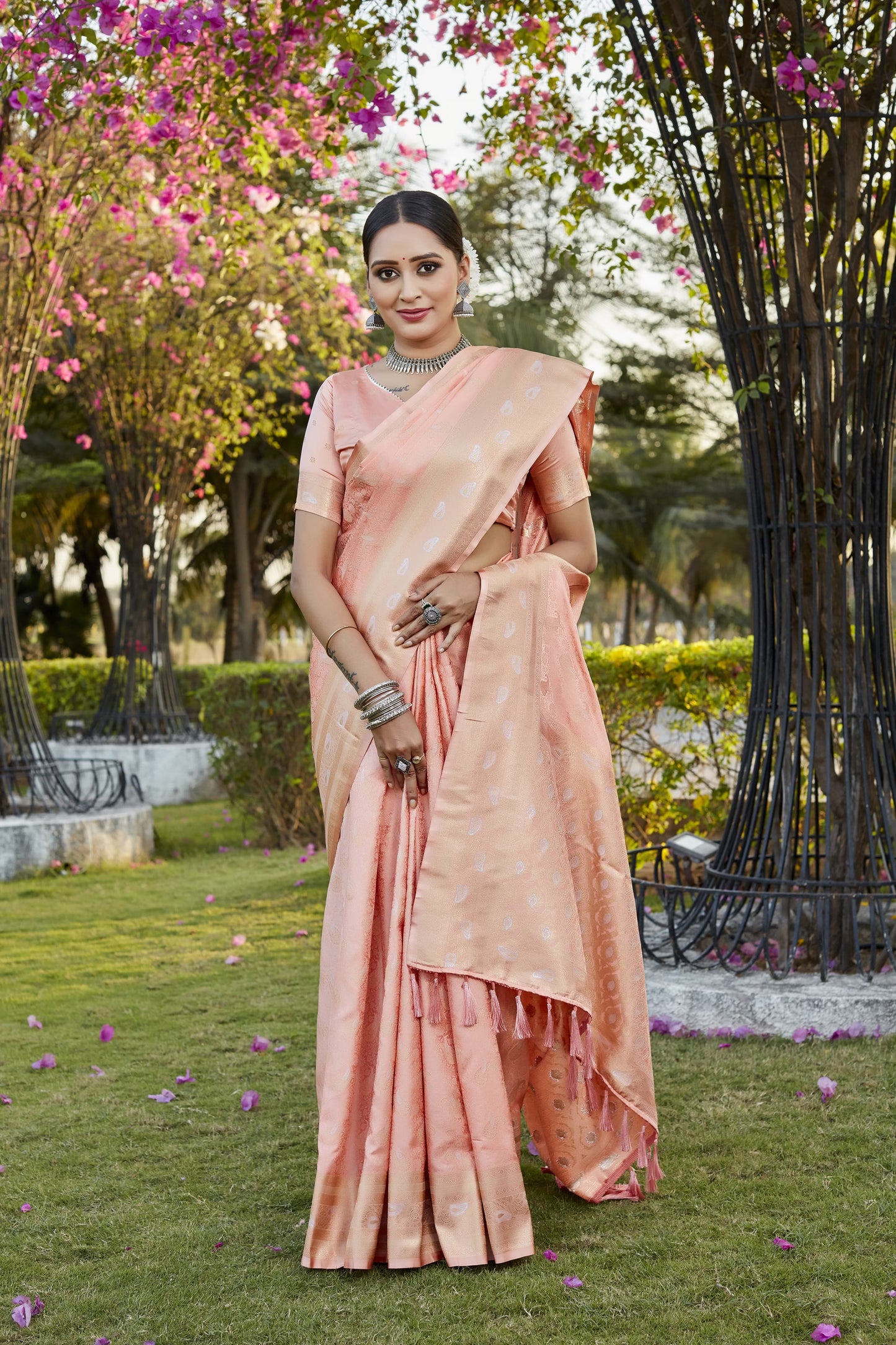 Daisy Pure Kanjivaram Silk Peach Color Saree