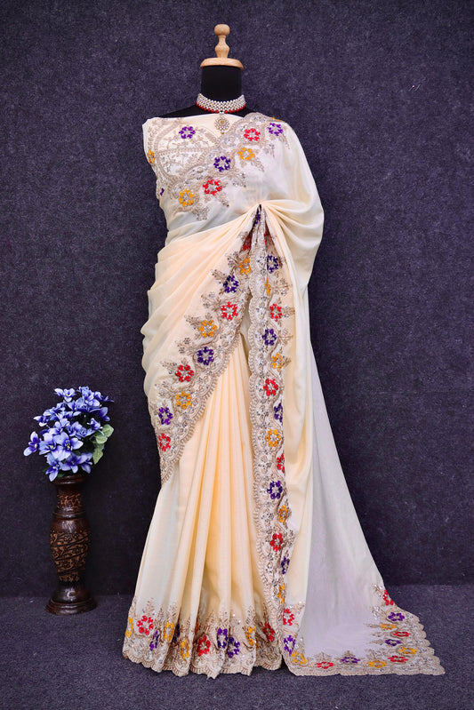 Adorable Chinon Silk Beige Color Silk Saree