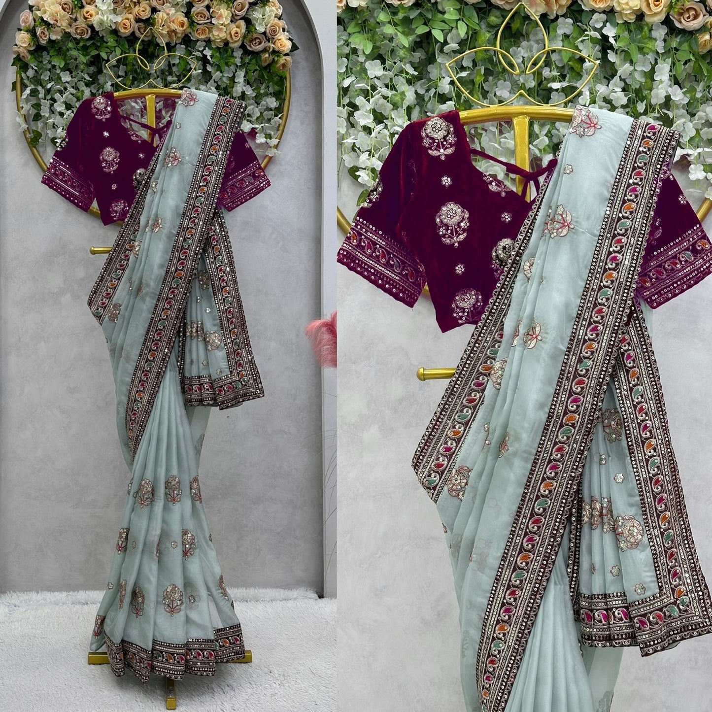 Outstanding Sky Blue Color Organza Silk Saree