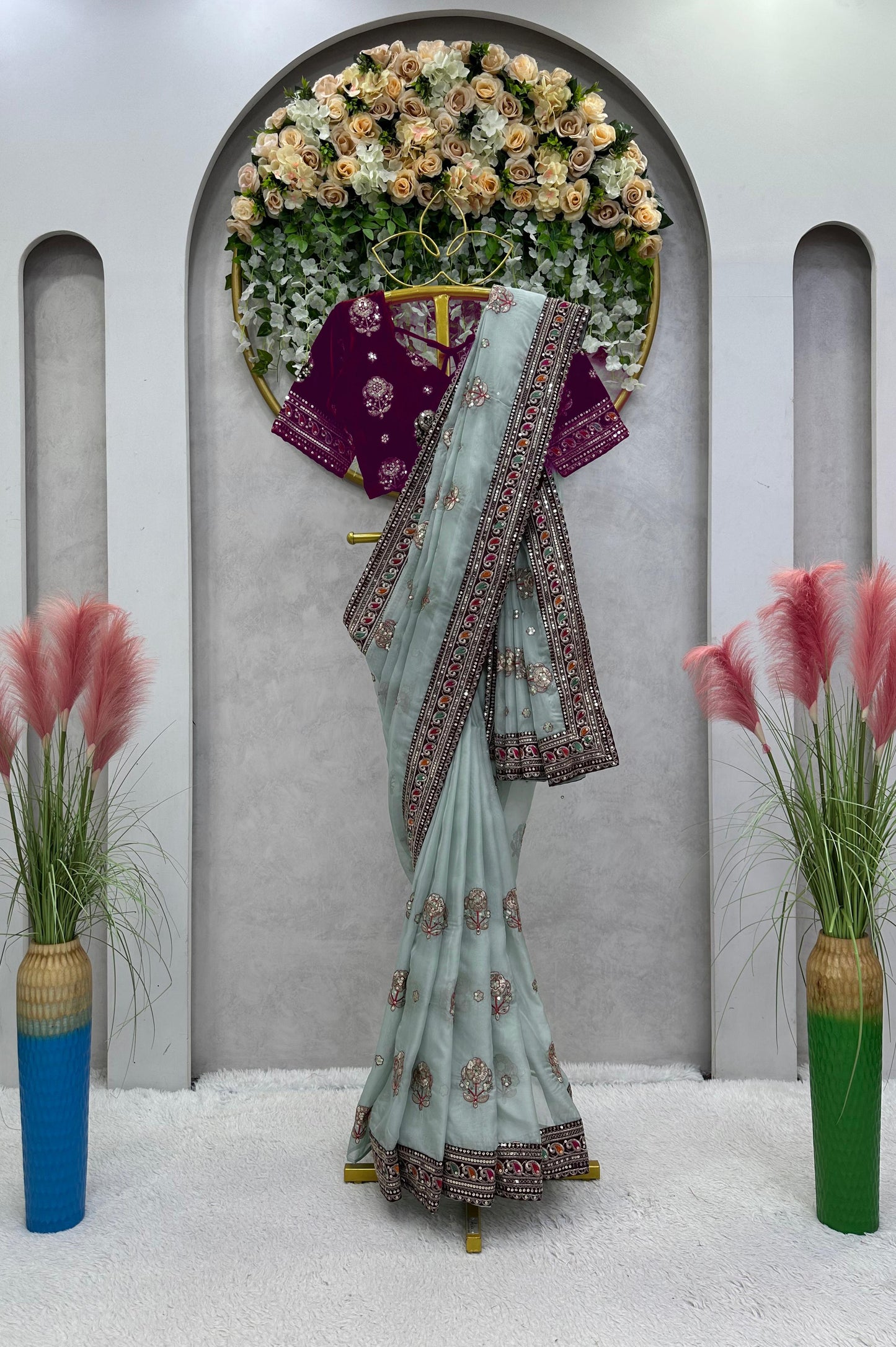 Outstanding Sky Blue Color Organza Silk Saree