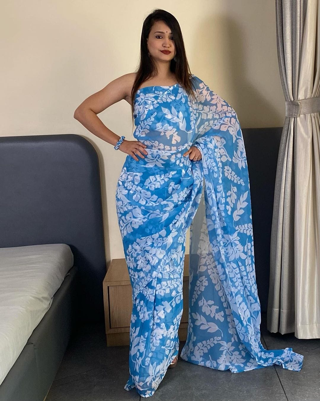 Glorious Georgette Ready To Wear Blue Color Saree