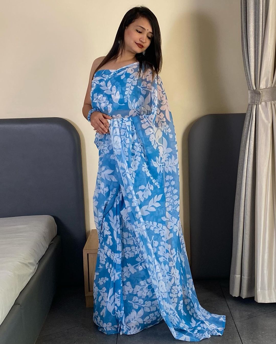 Glorious Georgette Ready To Wear Blue Color Saree