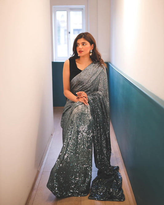 Outstanding Sequence Silk Black Color Saree