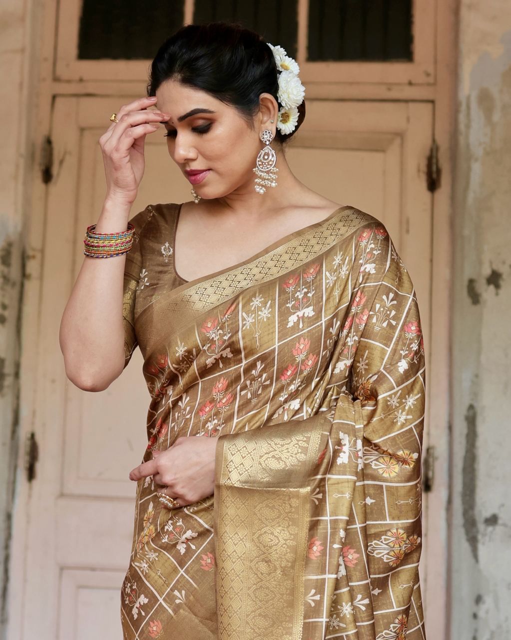 Graceful Pure Silk Jacquard Beige Color Saree