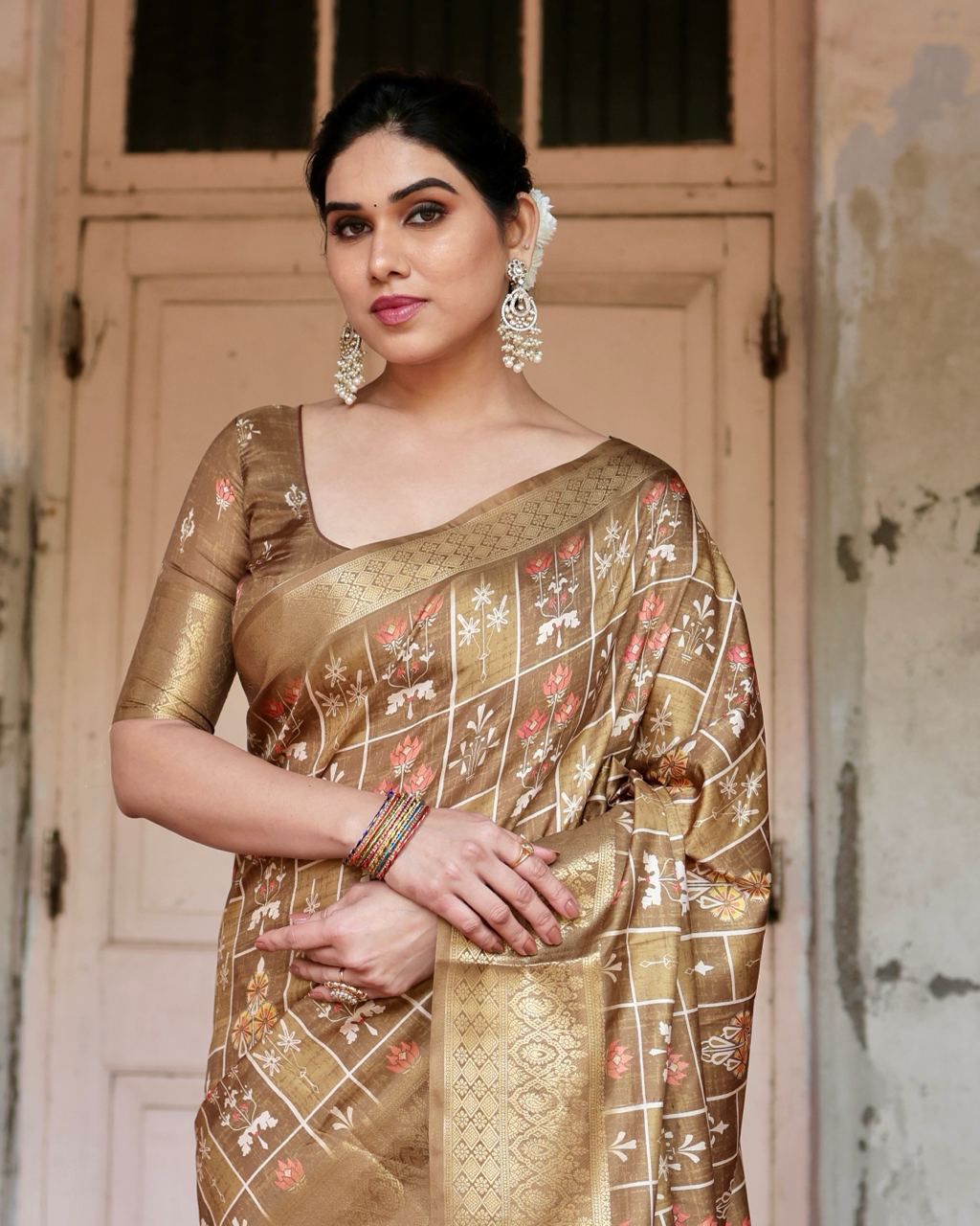 Graceful Pure Silk Jacquard Beige Color Saree