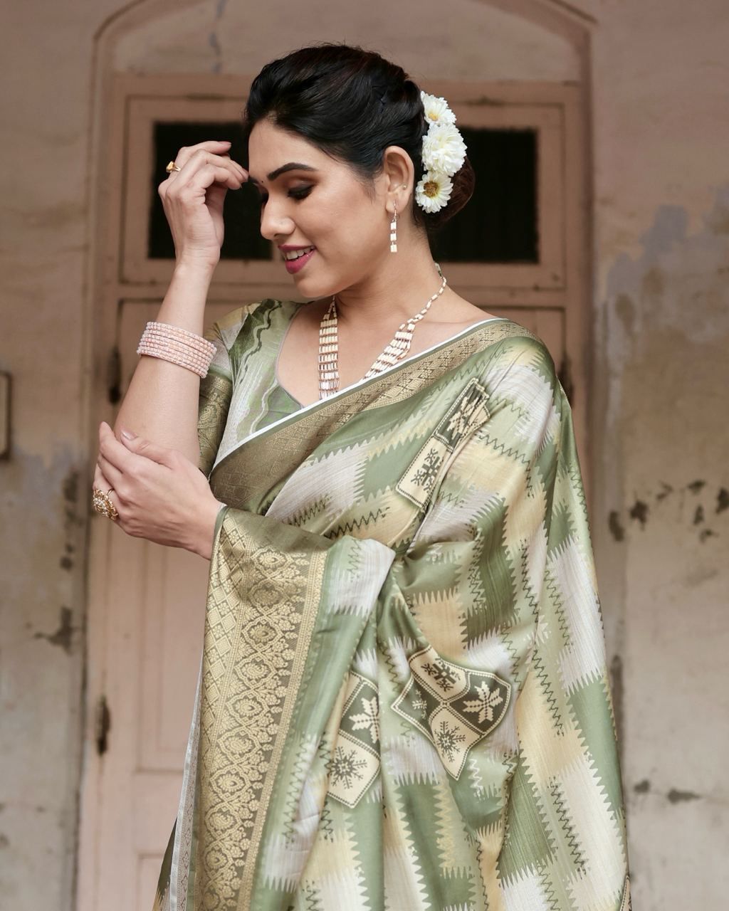 Delightful Pure Silk Jacquard Pista Color Saree