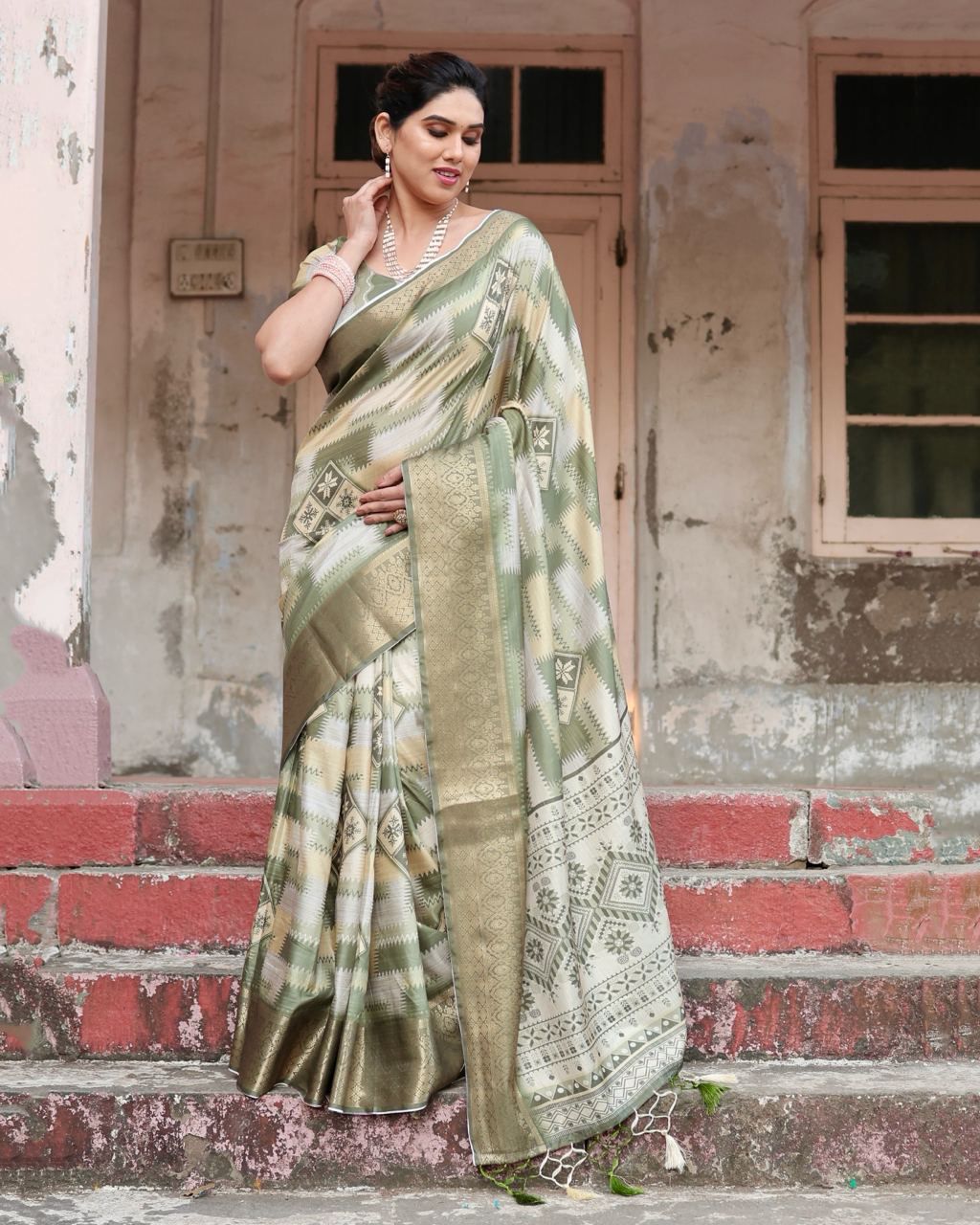 Delightful Pure Silk Jacquard Pista Color Saree