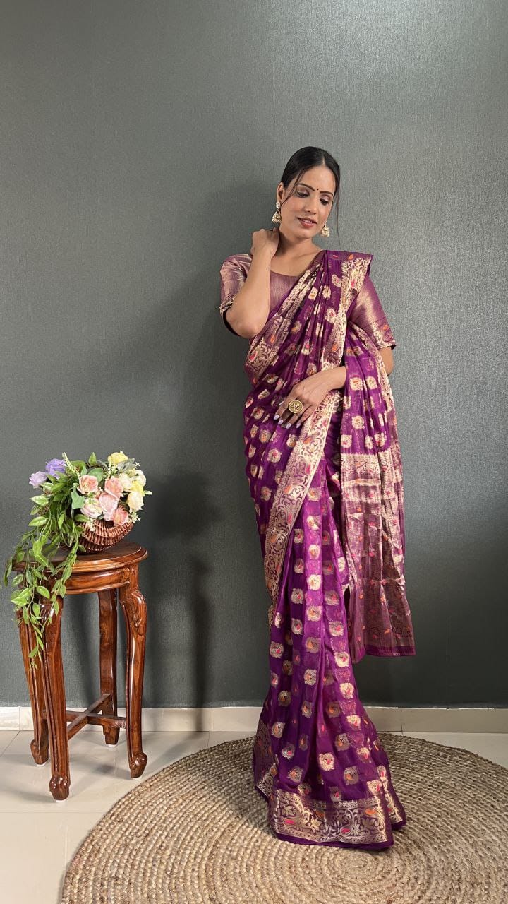 Stylish Purple Color Jacquard Ready To Wear Saree