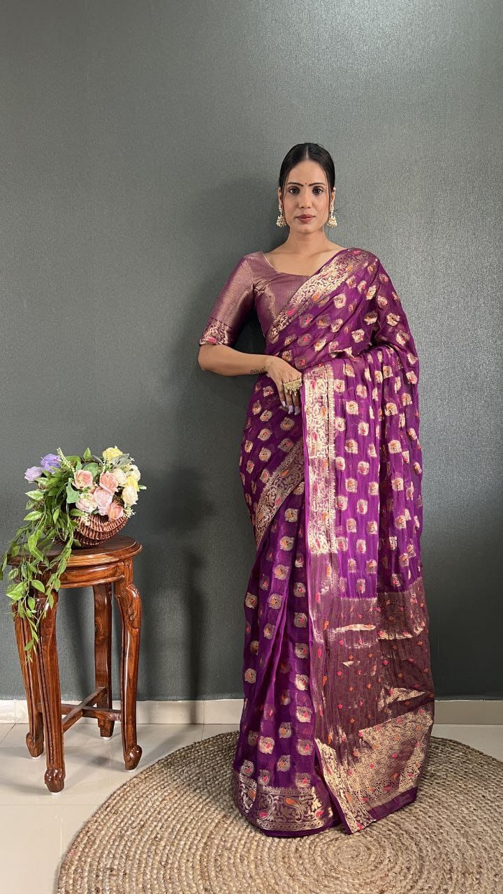 Stylish Purple Color Jacquard Ready To Wear Saree