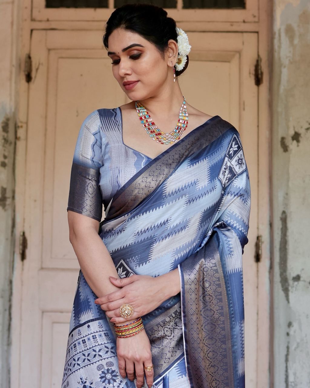 Delightful Pure Silk Jacquard Royal Blue Color Saree