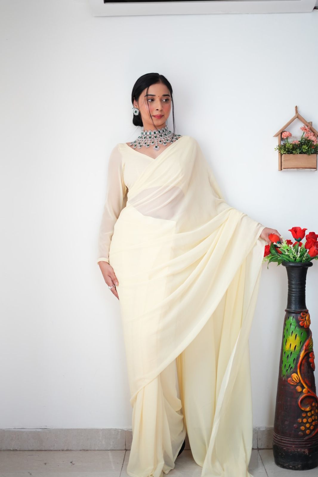 Delightful Off White Color Georgette Ready To Wear Saree