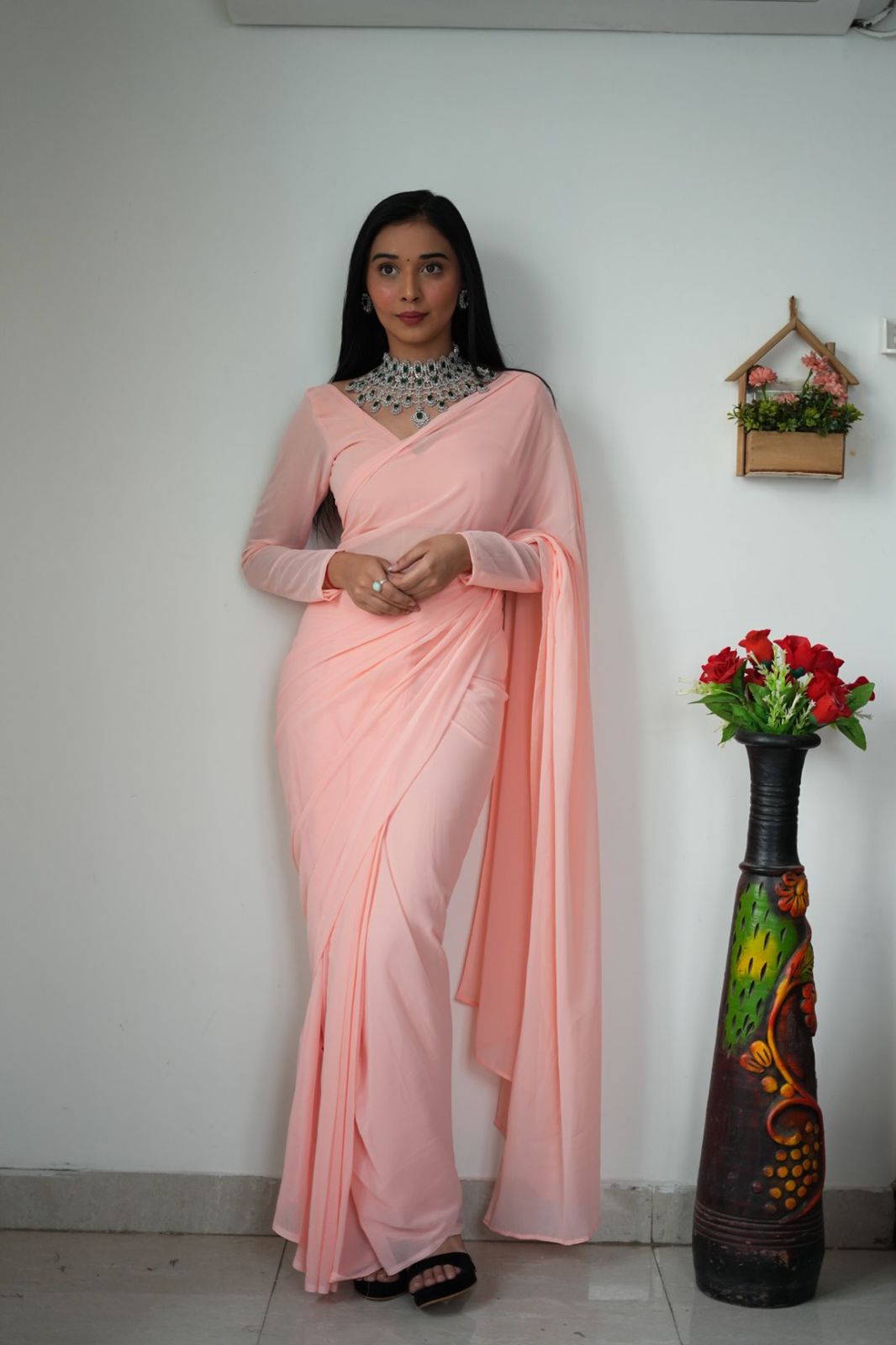 Delightful Peach Color Georgette Ready To Wear Saree