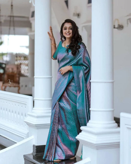 Awesome Banarasi Soft Silk Sky Blue Color Saree