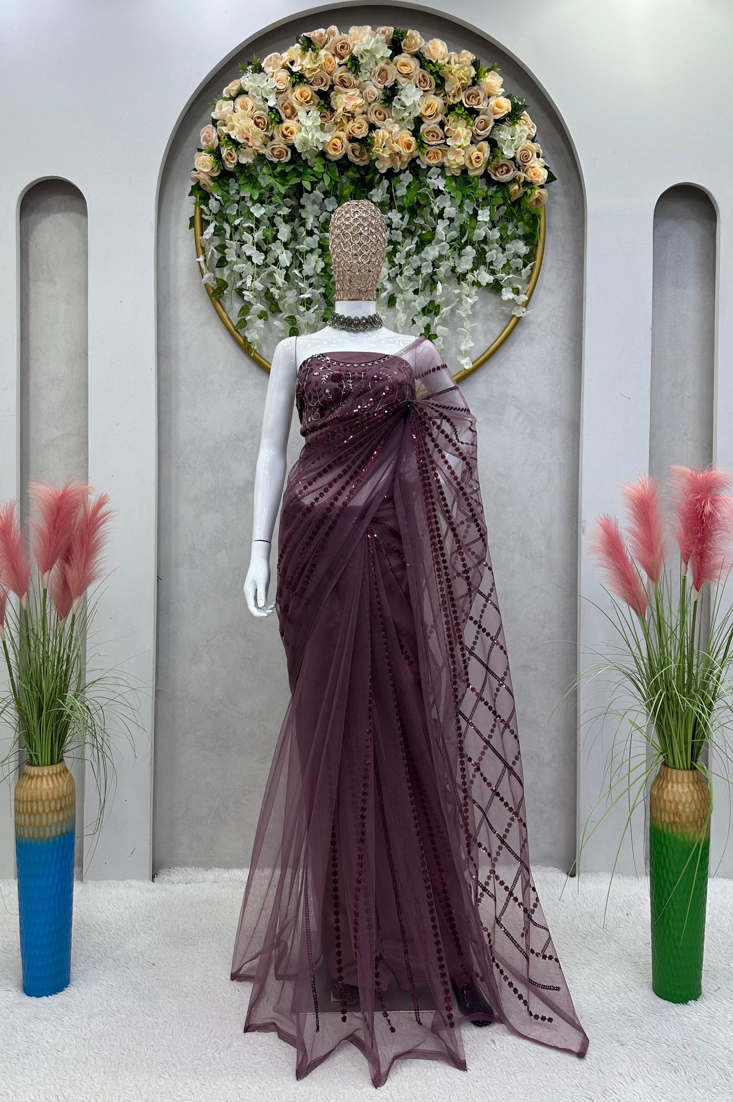 Luxuriant Havy Net Wine Color Saree