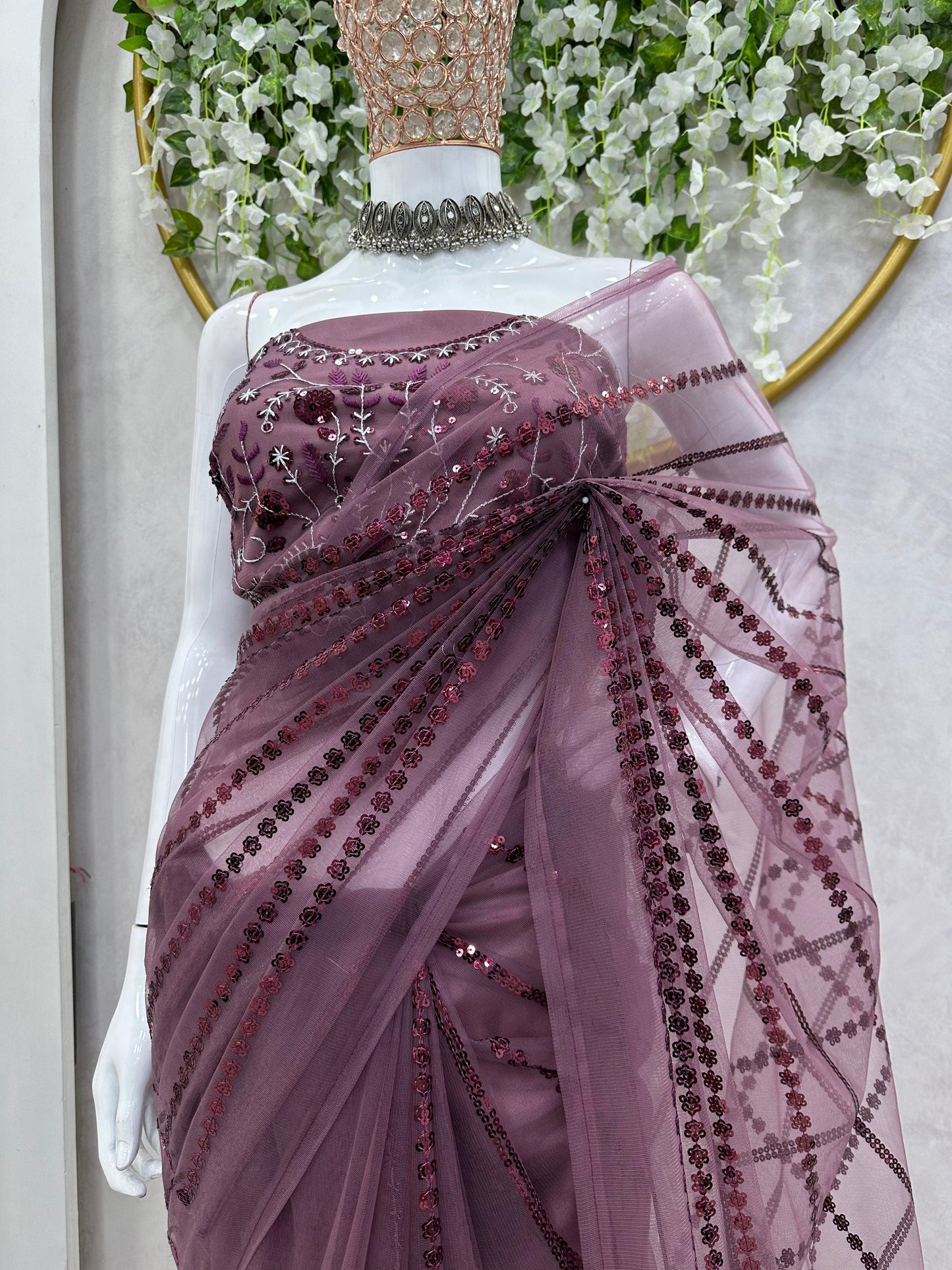 Luxuriant Havy Net Wine Color Saree