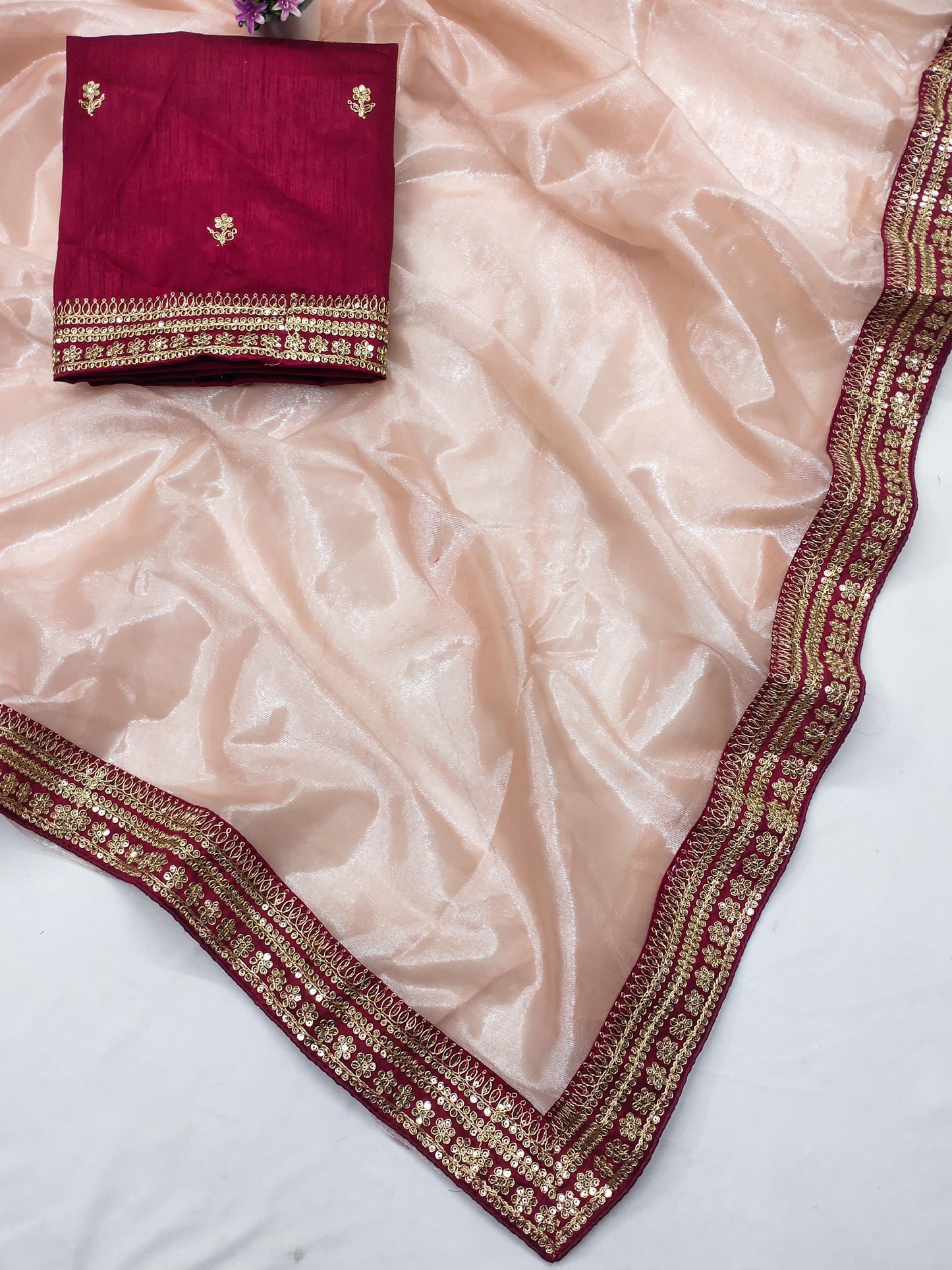 Glorious Peach Color Organza Saree