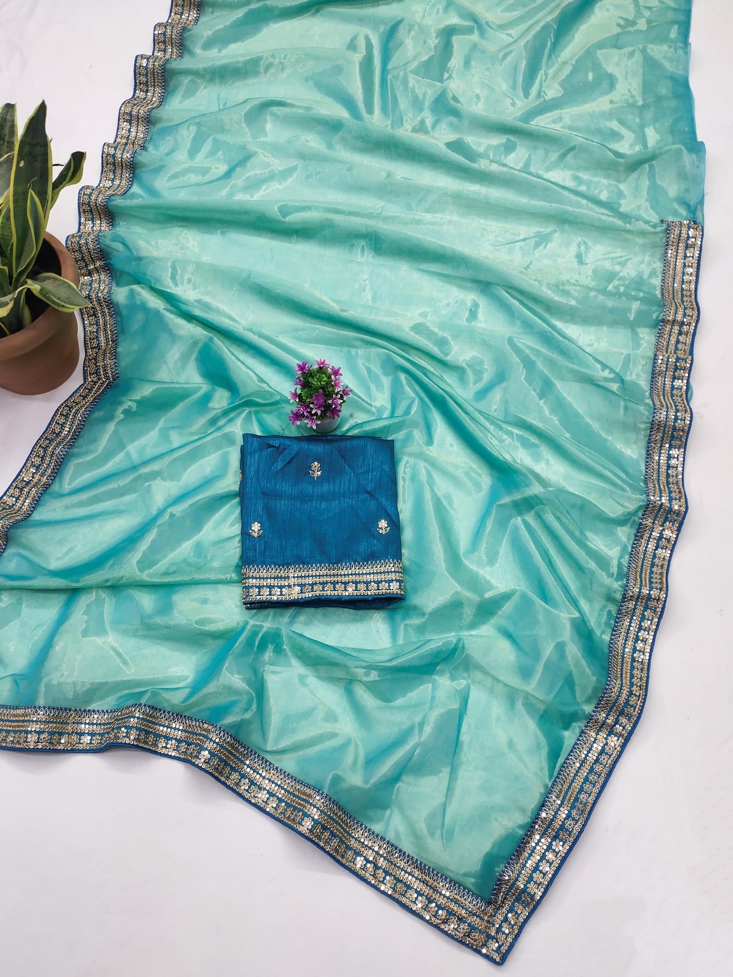 Glorious Sky Blue Color Organza Saree