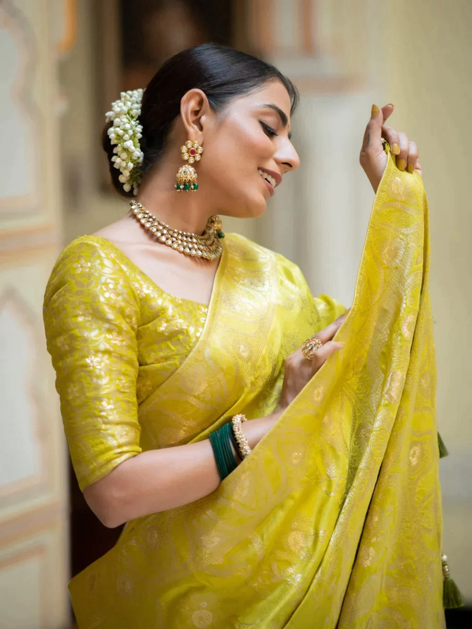 Trendy Haldi Wear Lemon Color Banarasi Silk Saree