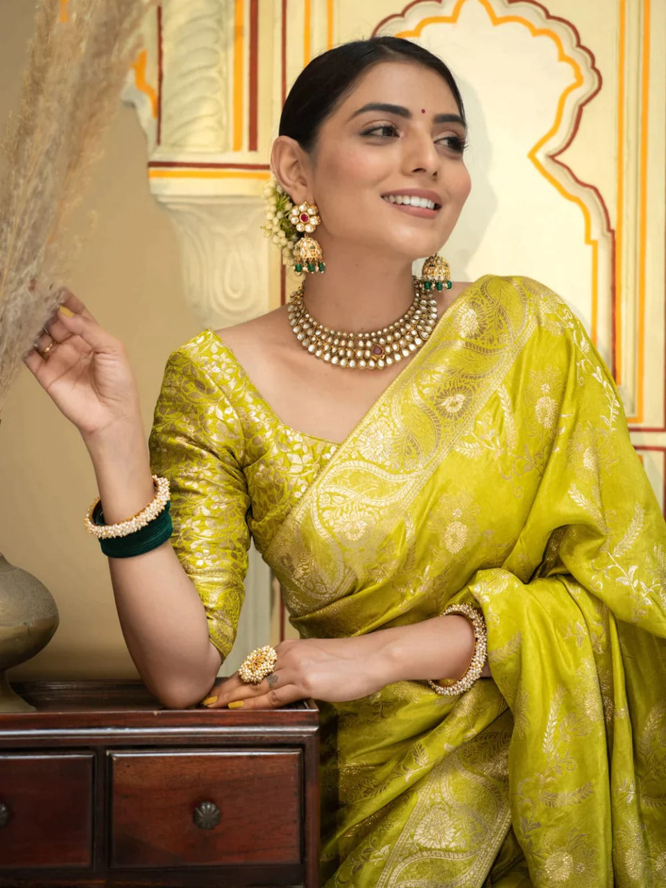 Trendy Haldi Wear Lemon Color Banarasi Silk Saree