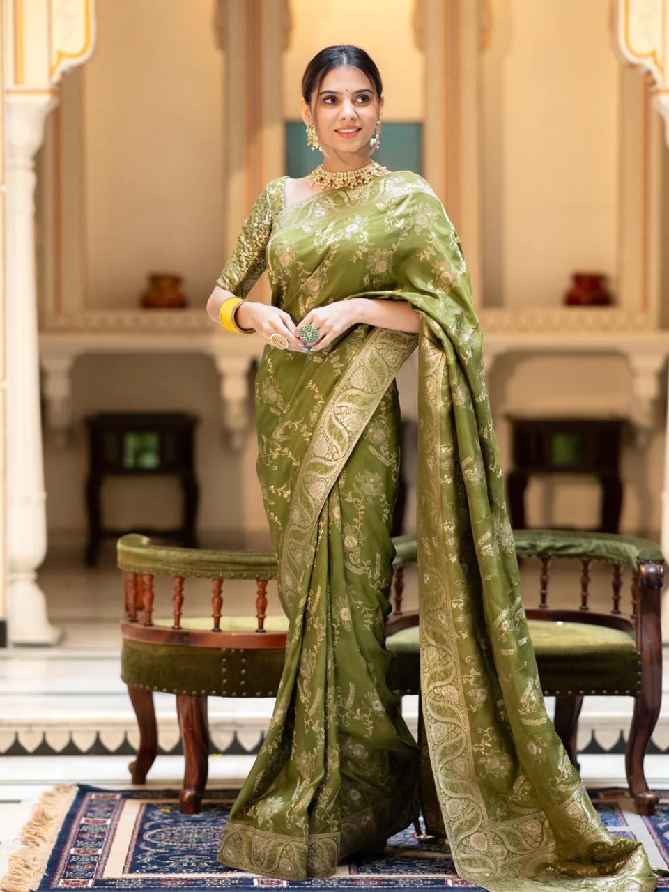 Trendy Mehnadi Wear Green Color Banarasi Silk Saree