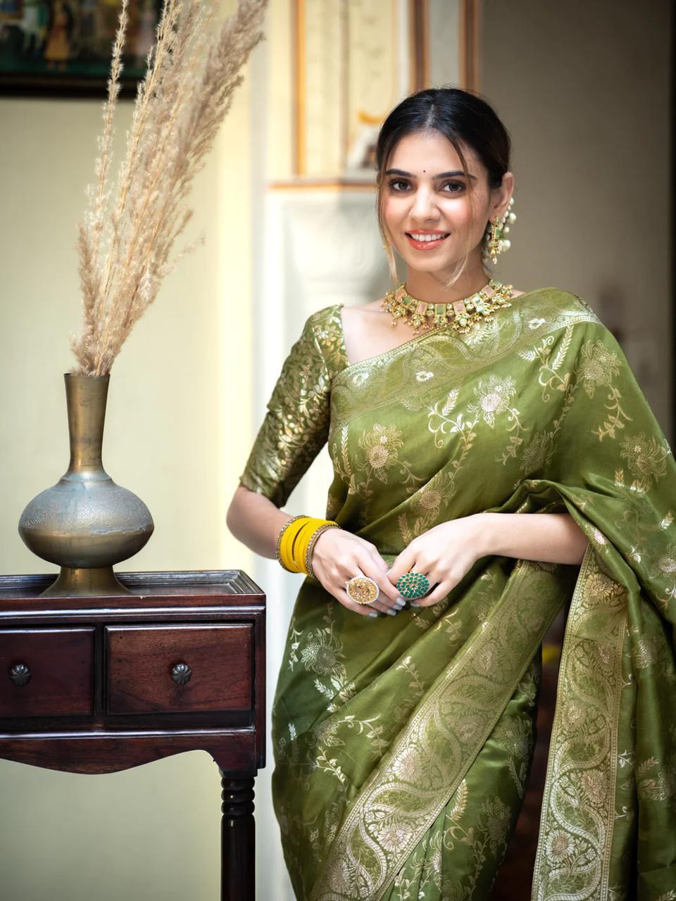 Trendy Mehnadi Wear Green Color Banarasi Silk Saree