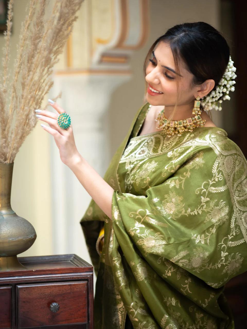 Trendy Mehnadi Wear Green Color Banarasi Silk Saree