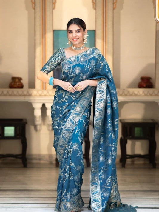 Trendy Rama Color Banarasi Silk Saree