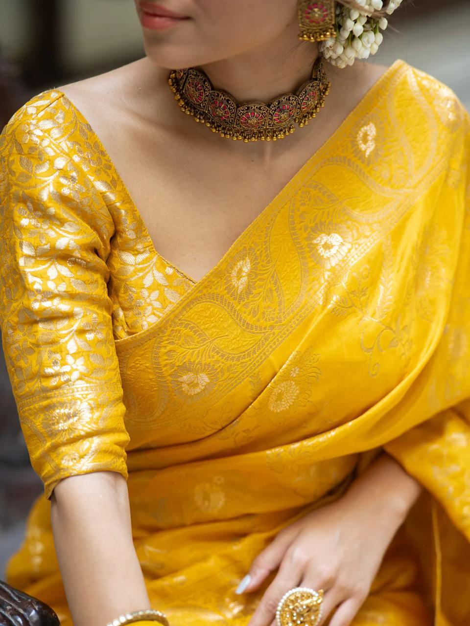 Trendy Haldi Wear Yellow Color Banarasi Silk Saree