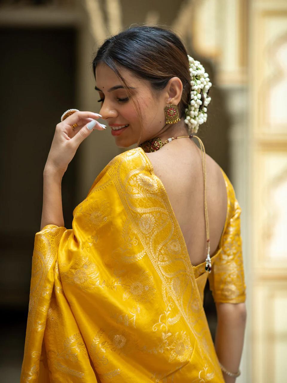 Trendy Haldi Wear Yellow Color Banarasi Silk Saree