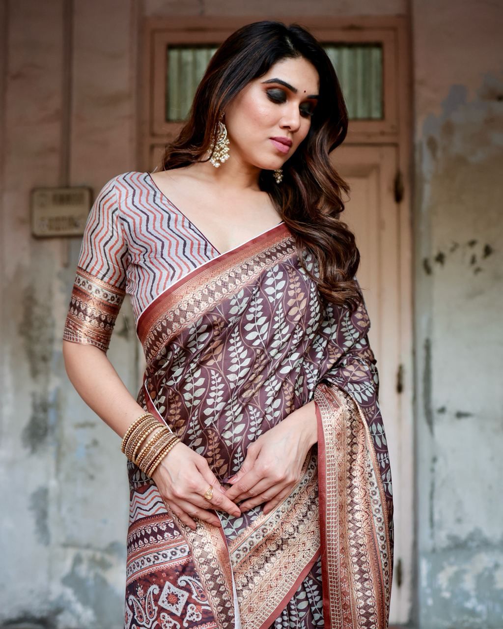 Classic Pure Jacquard Silk Brown Color Saree