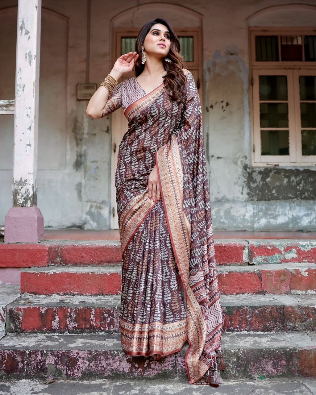 Classic Pure Jacquard Silk Brown Color Saree