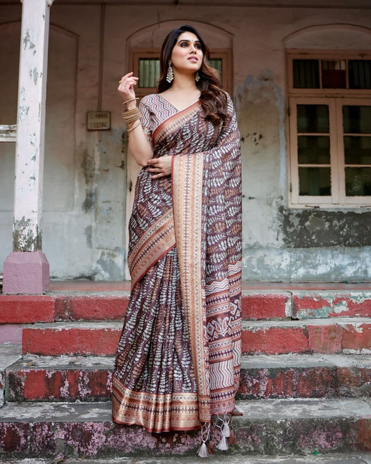 Classic Pure Jacquard Silk Brown Color Saree