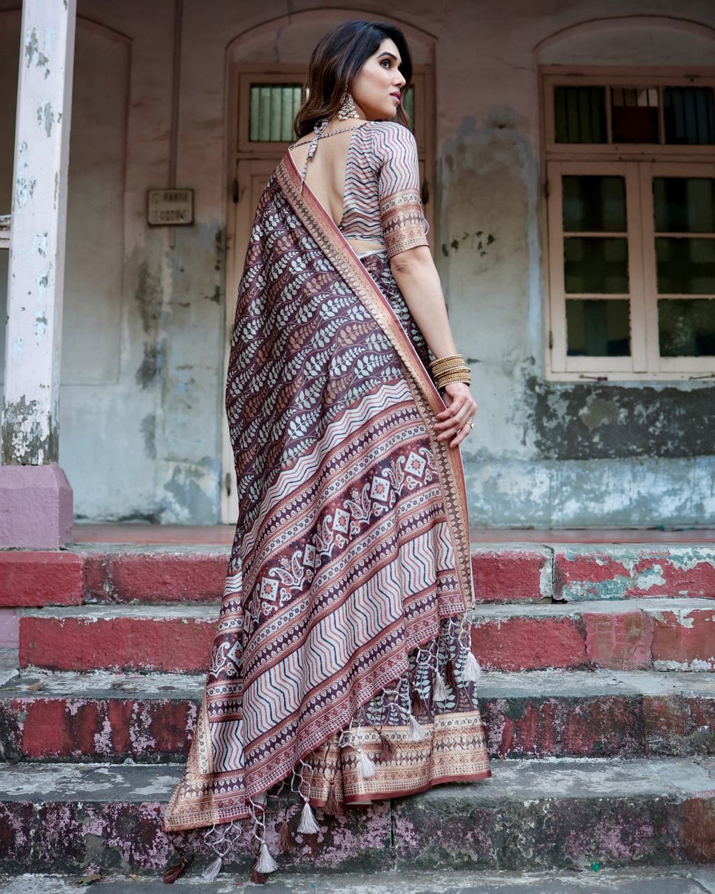 Classic Pure Jacquard Silk Brown Color Saree