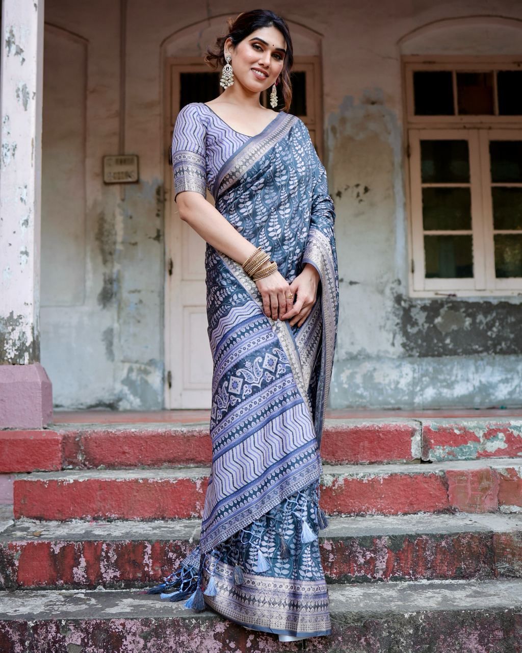 Classic Pure Jacquard Silk Blue Color Saree