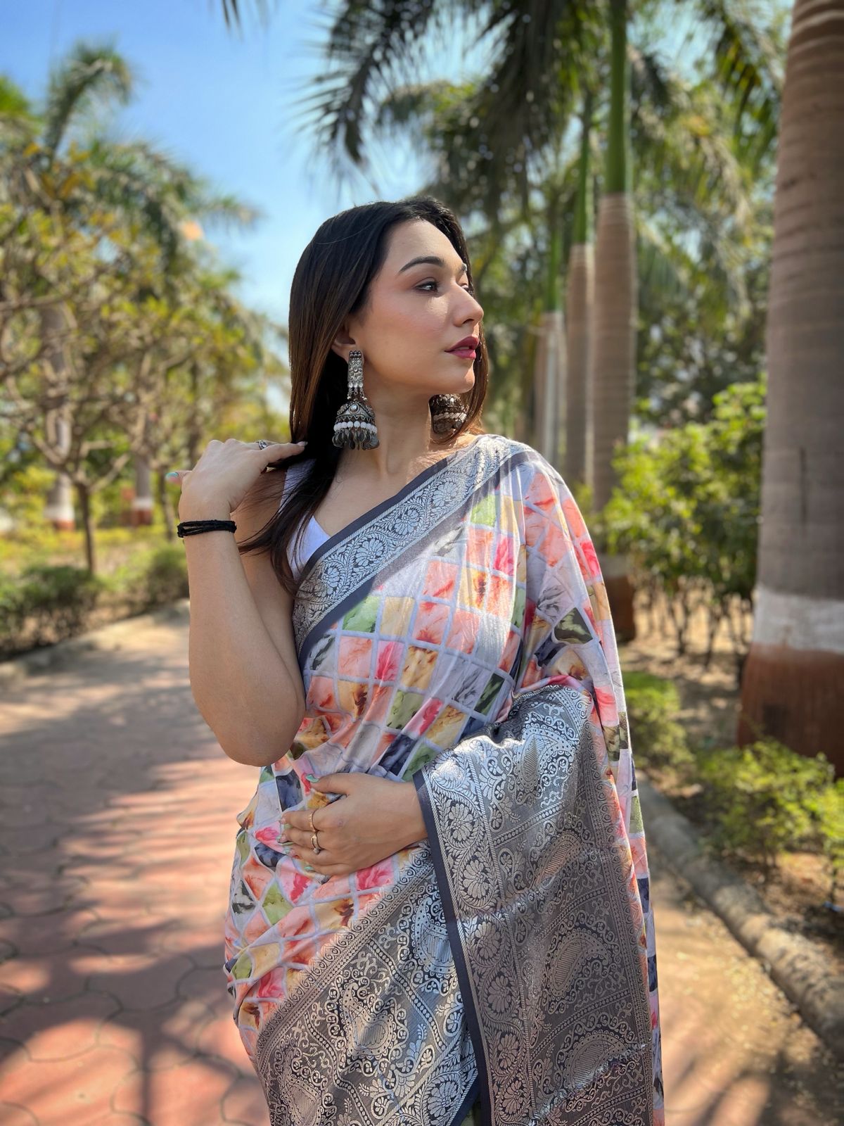 Elegant Grey Color Satin Silk Saree