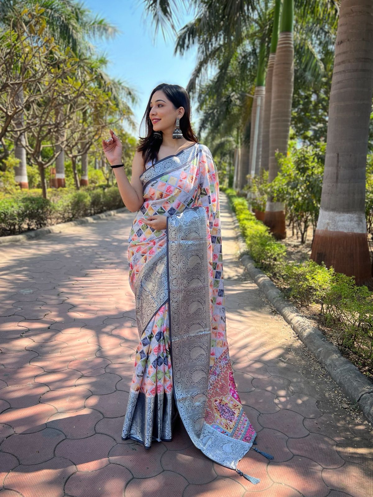 Elegant Grey Color Satin Silk Saree