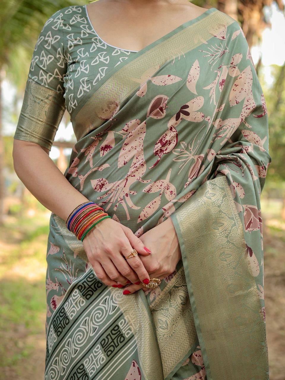 Opulent Printed Silk Green Color Saree