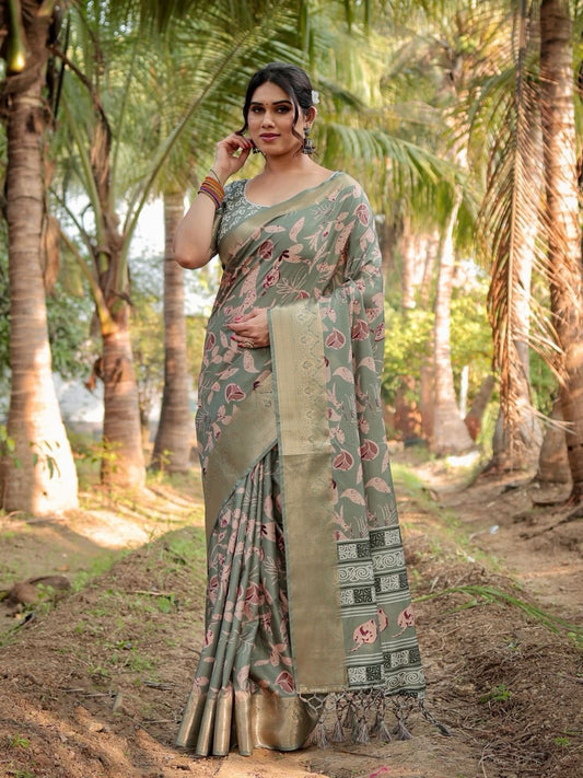 Opulent Printed Silk Green Color Saree