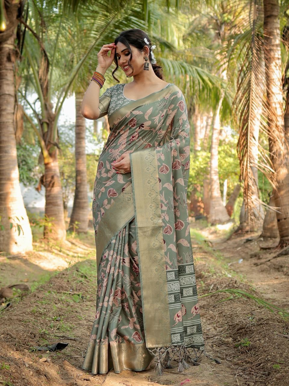 Opulent Printed Silk Green Color Saree