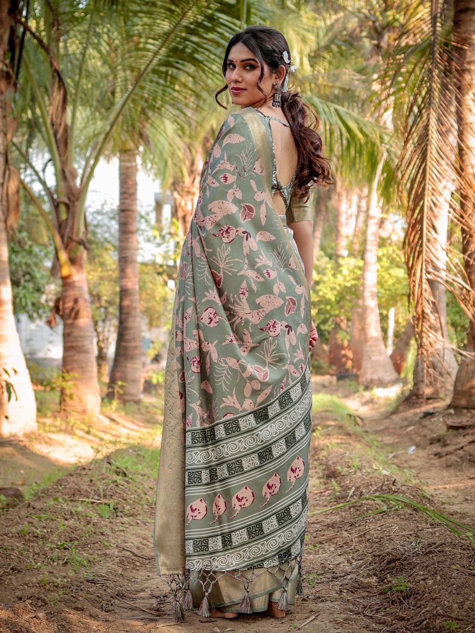 Opulent Printed Silk Green Color Saree