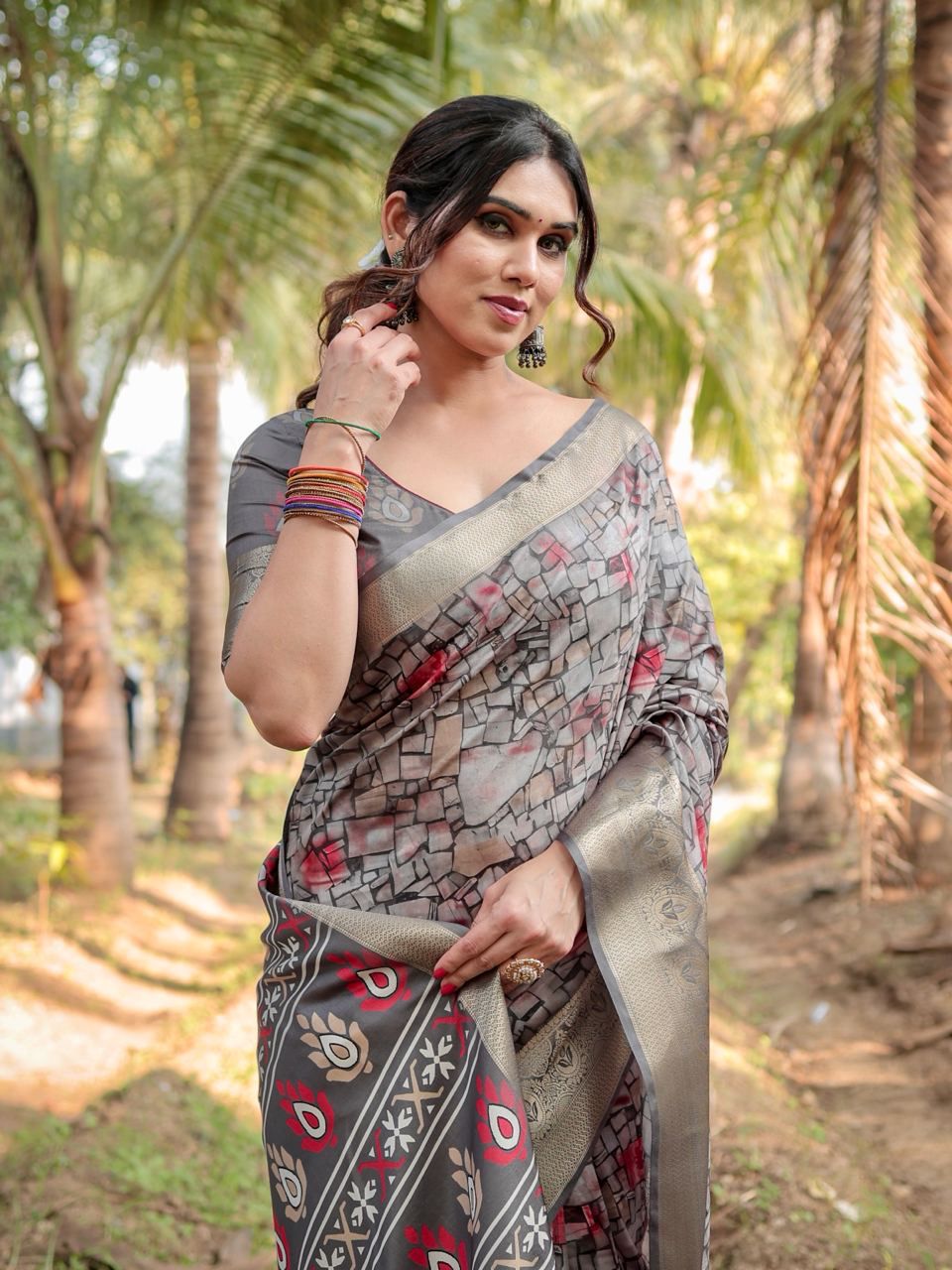 Luxuriant Printed Silk Grey Color Saree