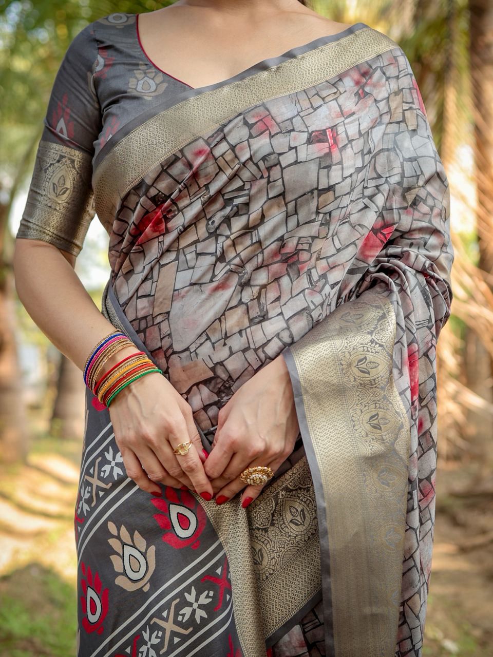 Luxuriant Printed Silk Grey Color Saree