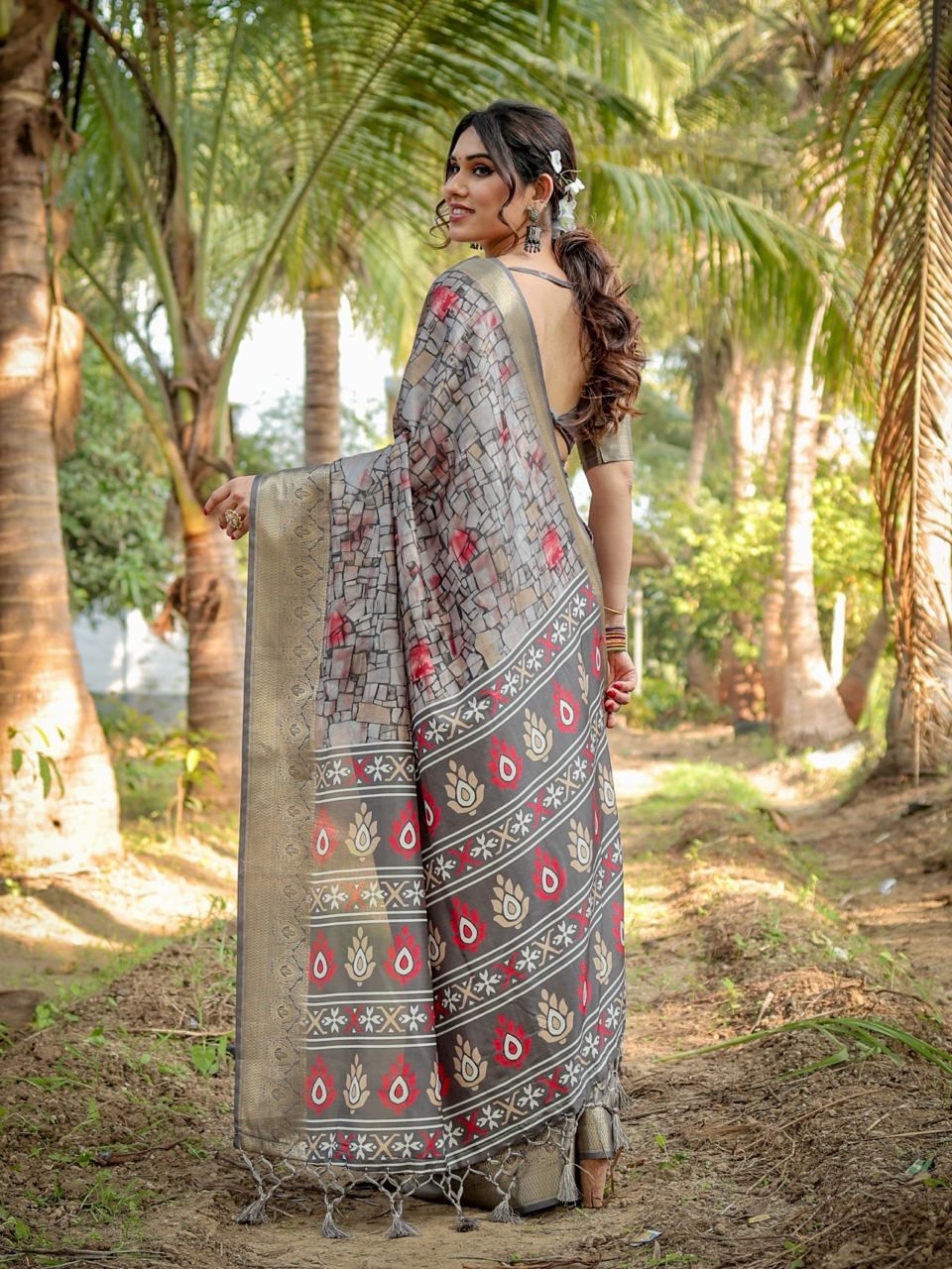 Luxuriant Printed Silk Grey Color Saree