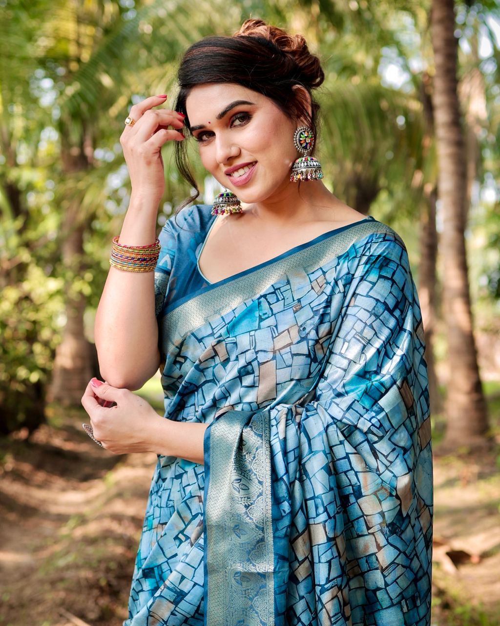 Luxuriant Printed Silk Sky Blue Color Saree