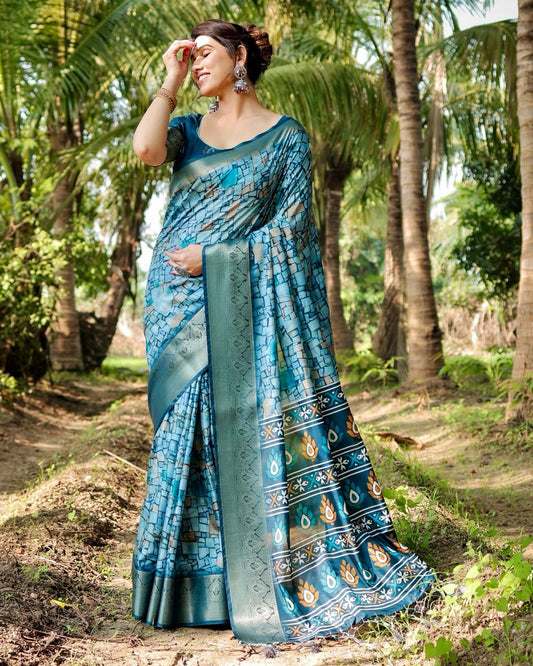 Luxuriant Printed Silk Sky Blue Color Saree