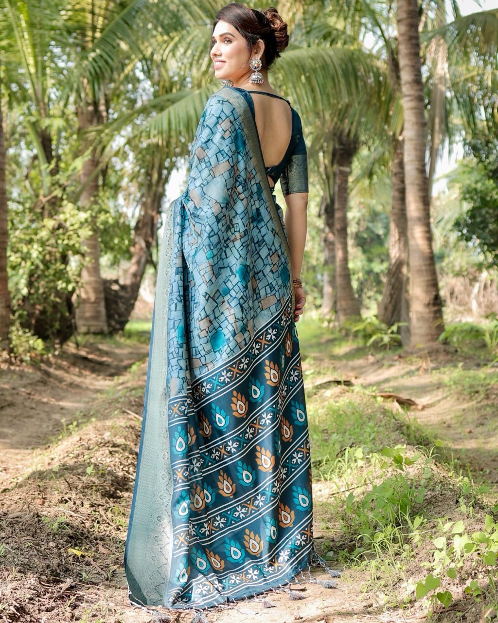 Luxuriant Printed Silk Sky Blue Color Saree