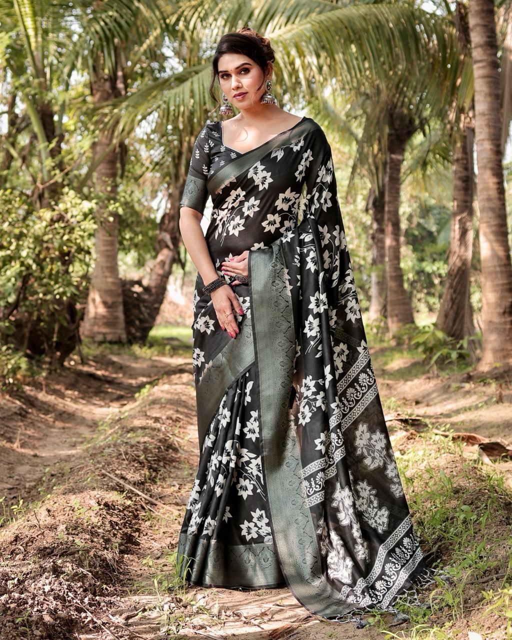 Demanding Printed Silk Black Color Saree