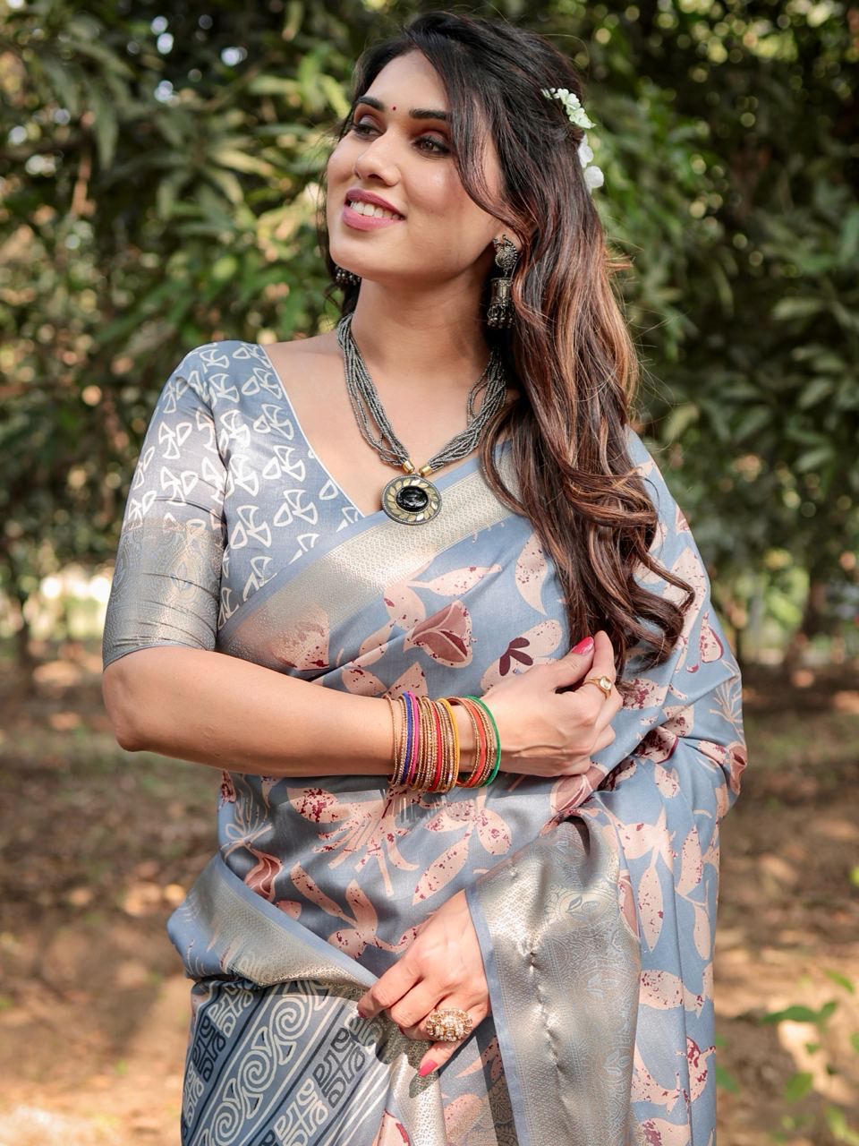 Opulent Printed Silk Grey Color Saree