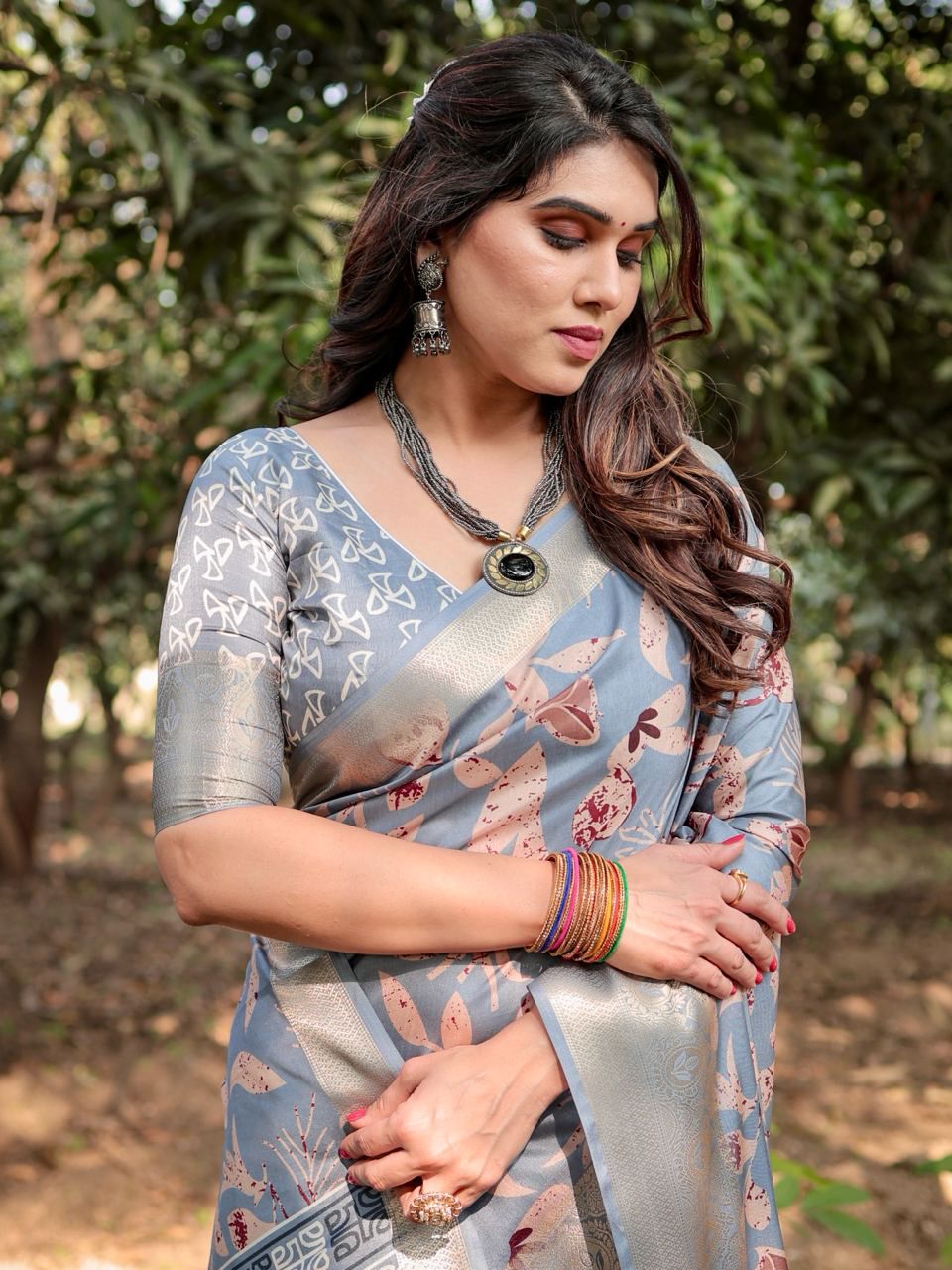 Opulent Printed Silk Grey Color Saree